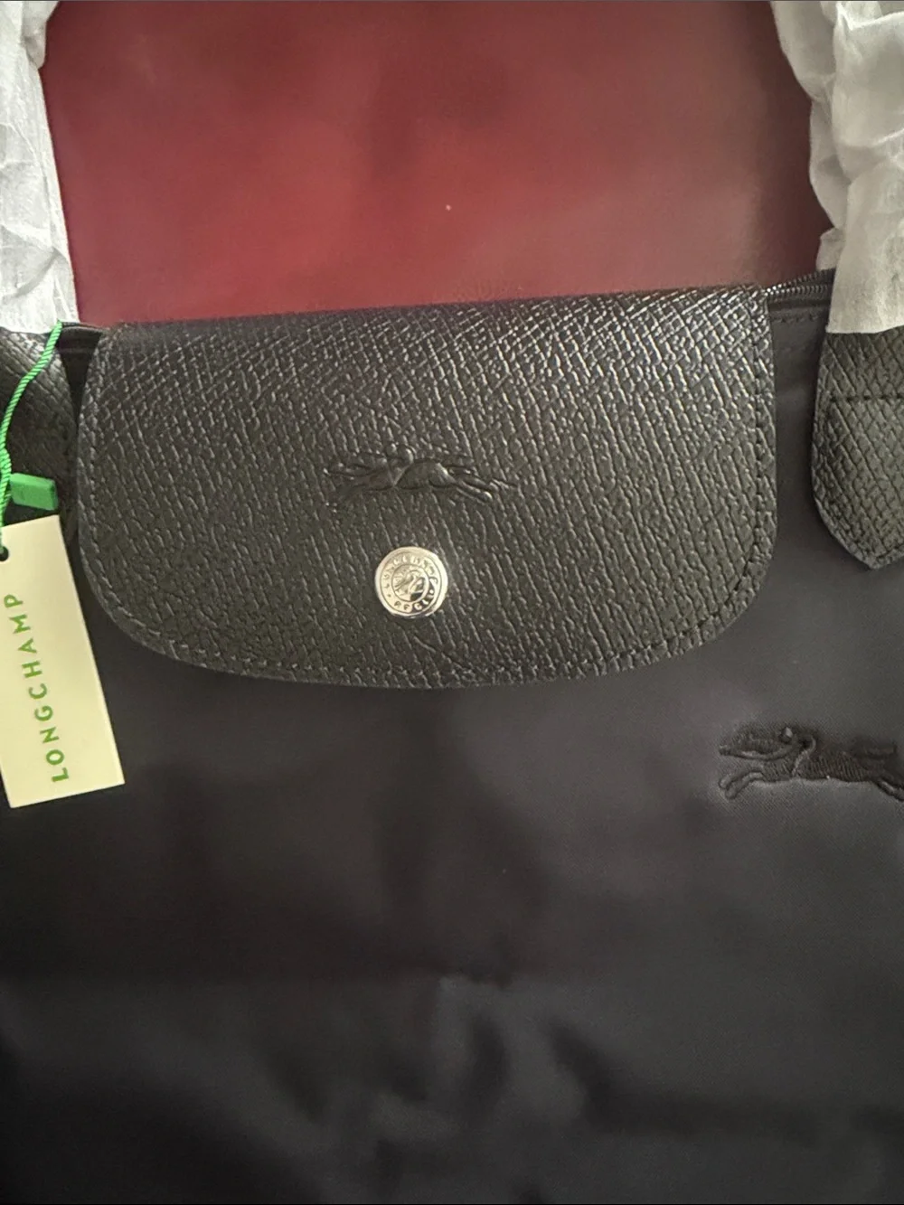 Longchamp Medium Black Nylon Le Pliage Tote with Green Trim